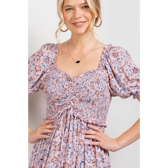 easel Dresses Easel Lavender Floral Printed Smocked Ruffled Bottom